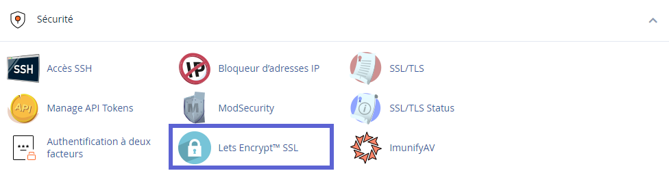 Section Lets Encrypt SSL dans le cPanel o2switch