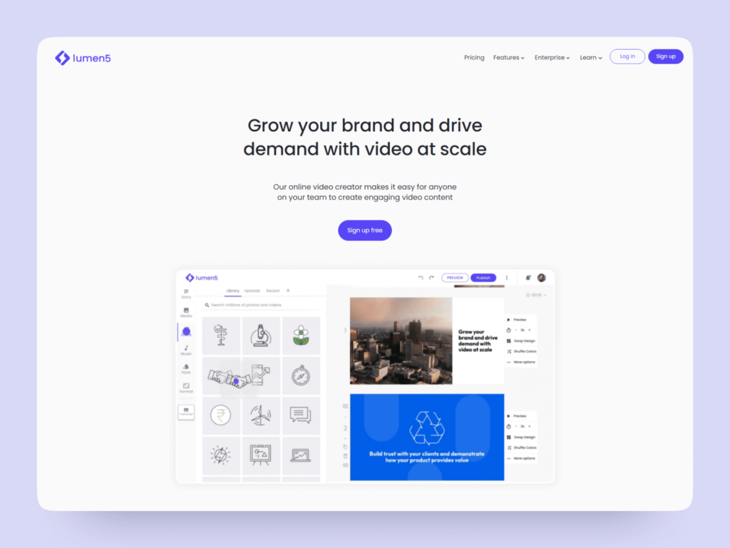 Interface IA vidéo entreprises Lumen5