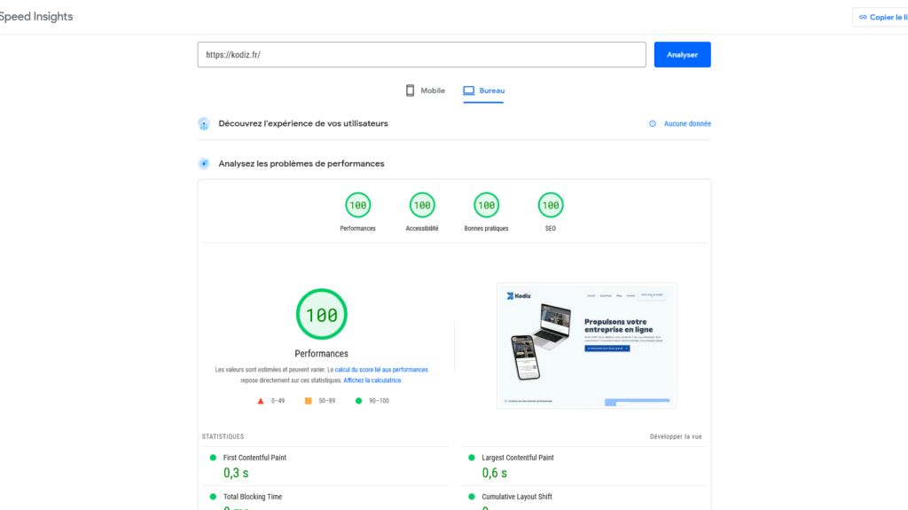 capture d'écran d'une analyse google pagespeed du site kodiz.fr